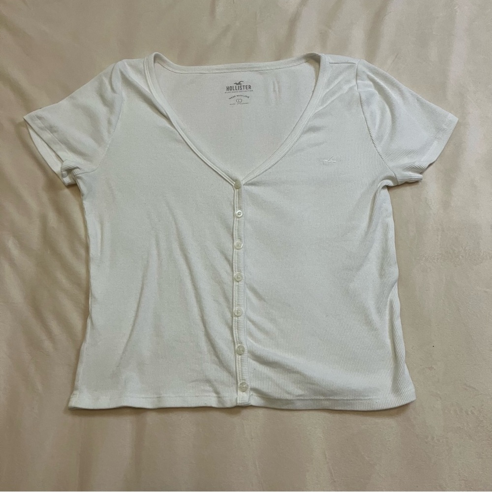 Hollister Gilly Hicks Ribbed Button Through V-Neck Top Size L